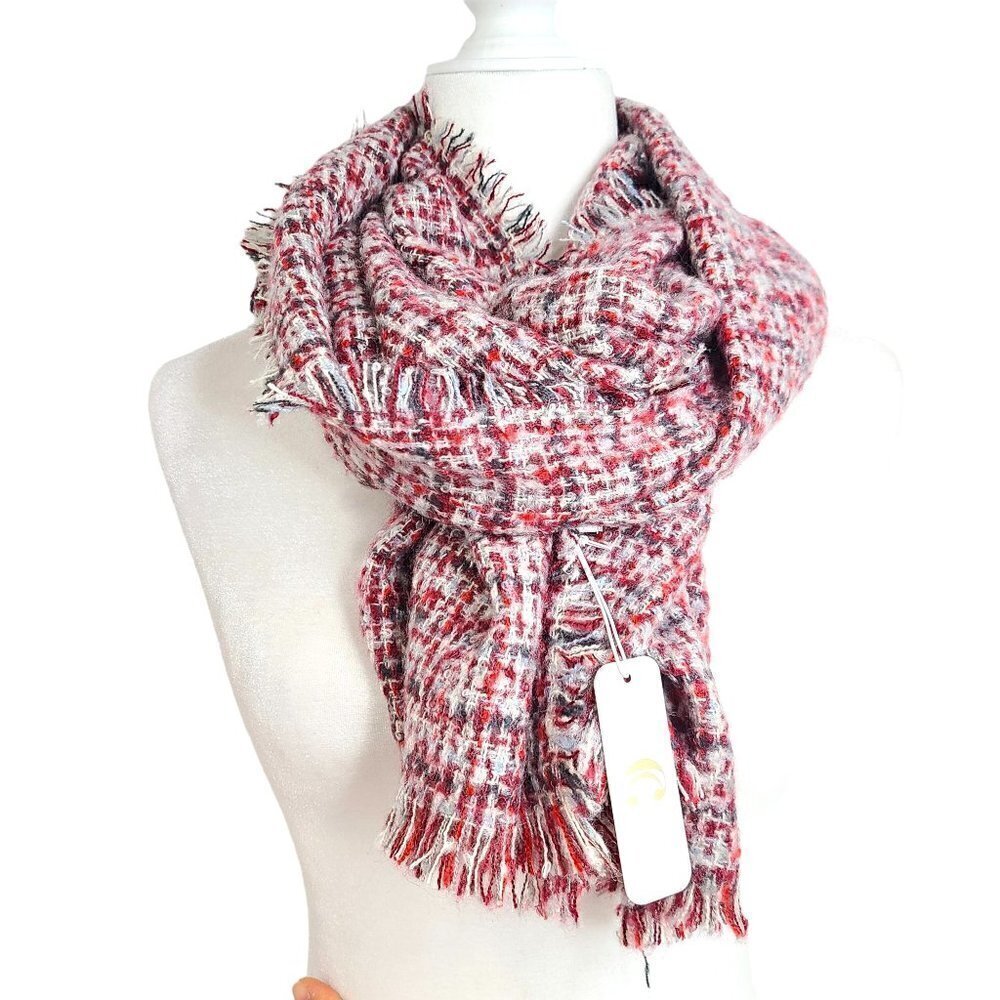 NWT Womens Red White Gray Unisex Tweed Plaid Raw Hem Scarf Wrap 14x67